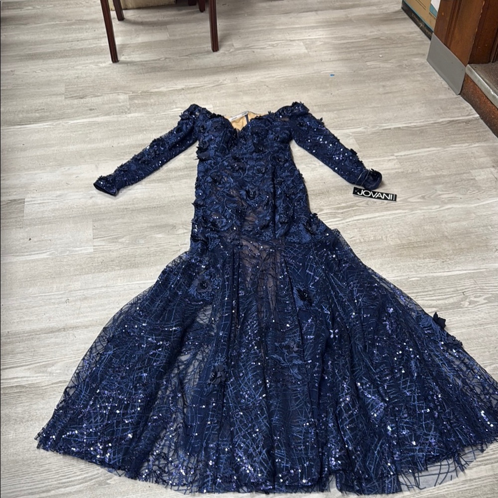 Jovani Navy Blue Sequin Maxi Dress